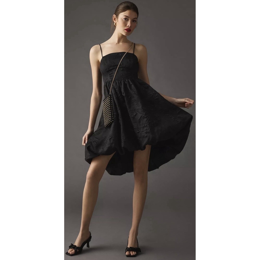 Anthropologie Black Bubble Hem Dress 10 Hi Low‎ Textured Jacquard Party Festival
